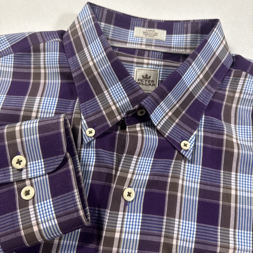 Peter Millar Shirt Mens L Purple Blue Plaid Cotton Long Sleeve‎ Button Down EUC